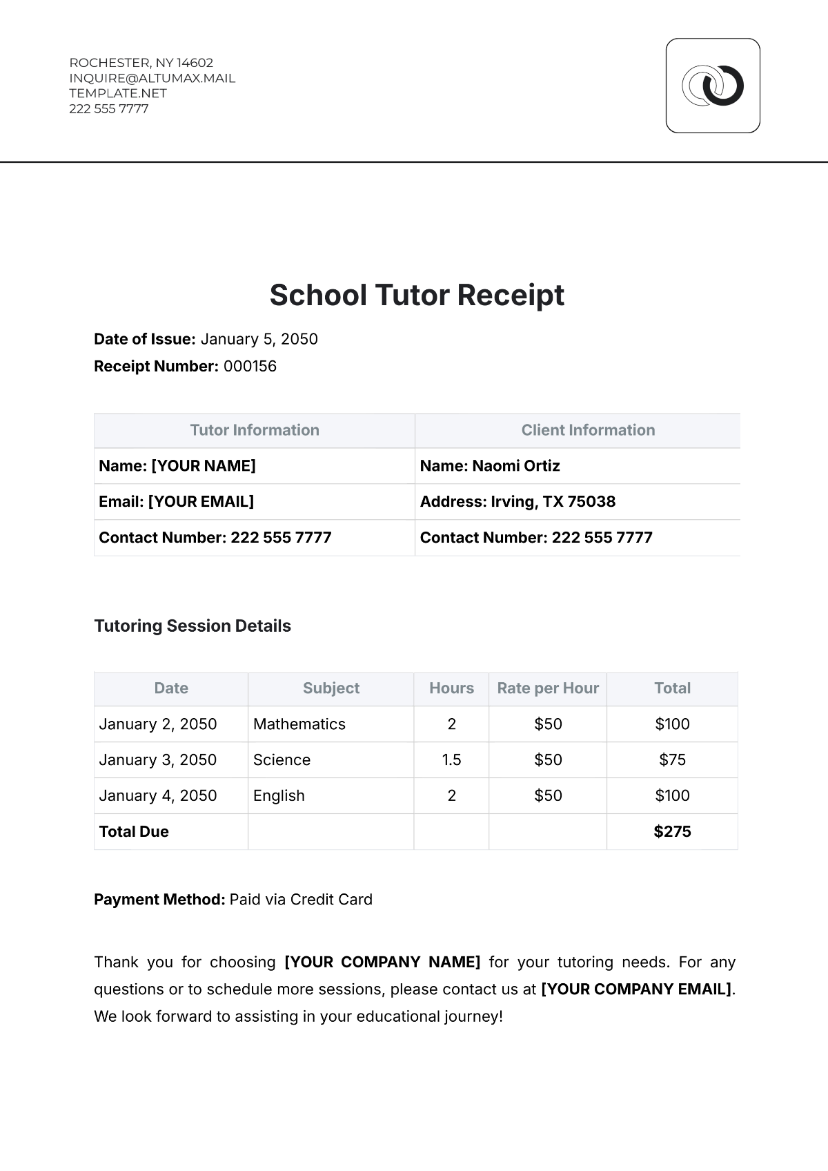 School Tutor Receipt Template - Edit Online & Download