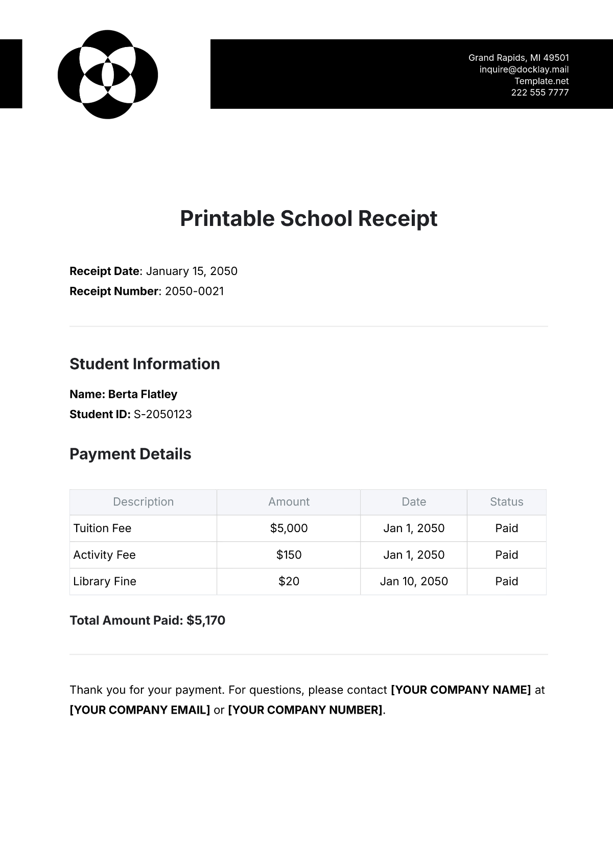 Printable School Receipt Template - Edit Online & Download