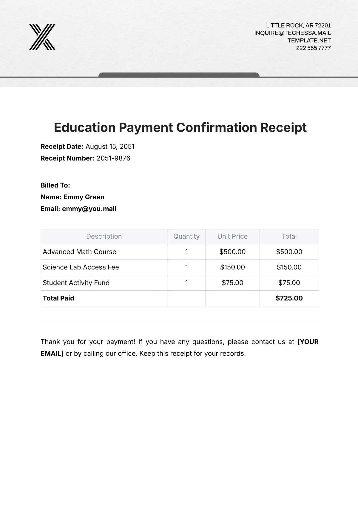 Education Payment Confirmation Receipt Template - Edit Online & Download