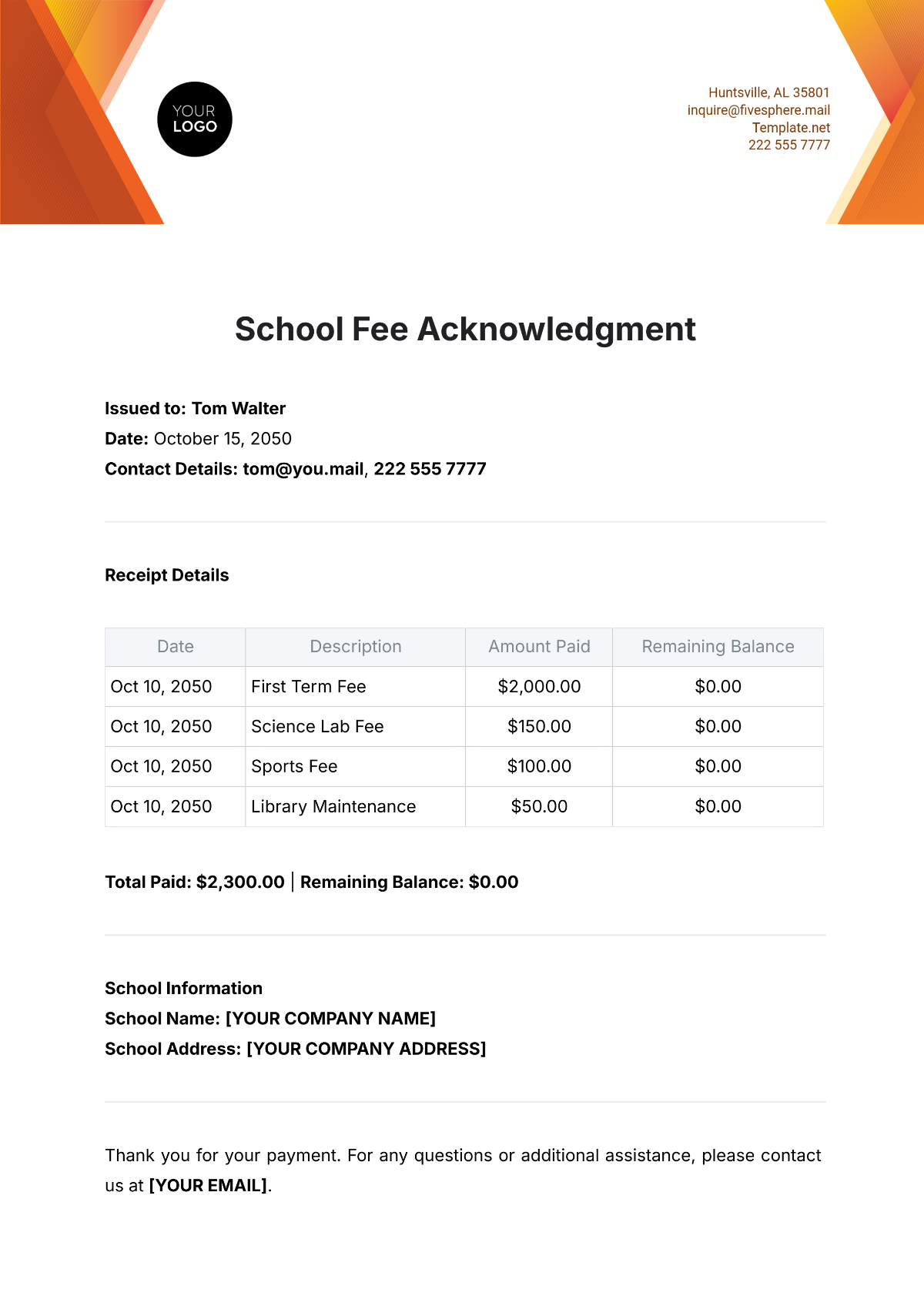 School Fee Acknowledgment Template - Edit Online & Download