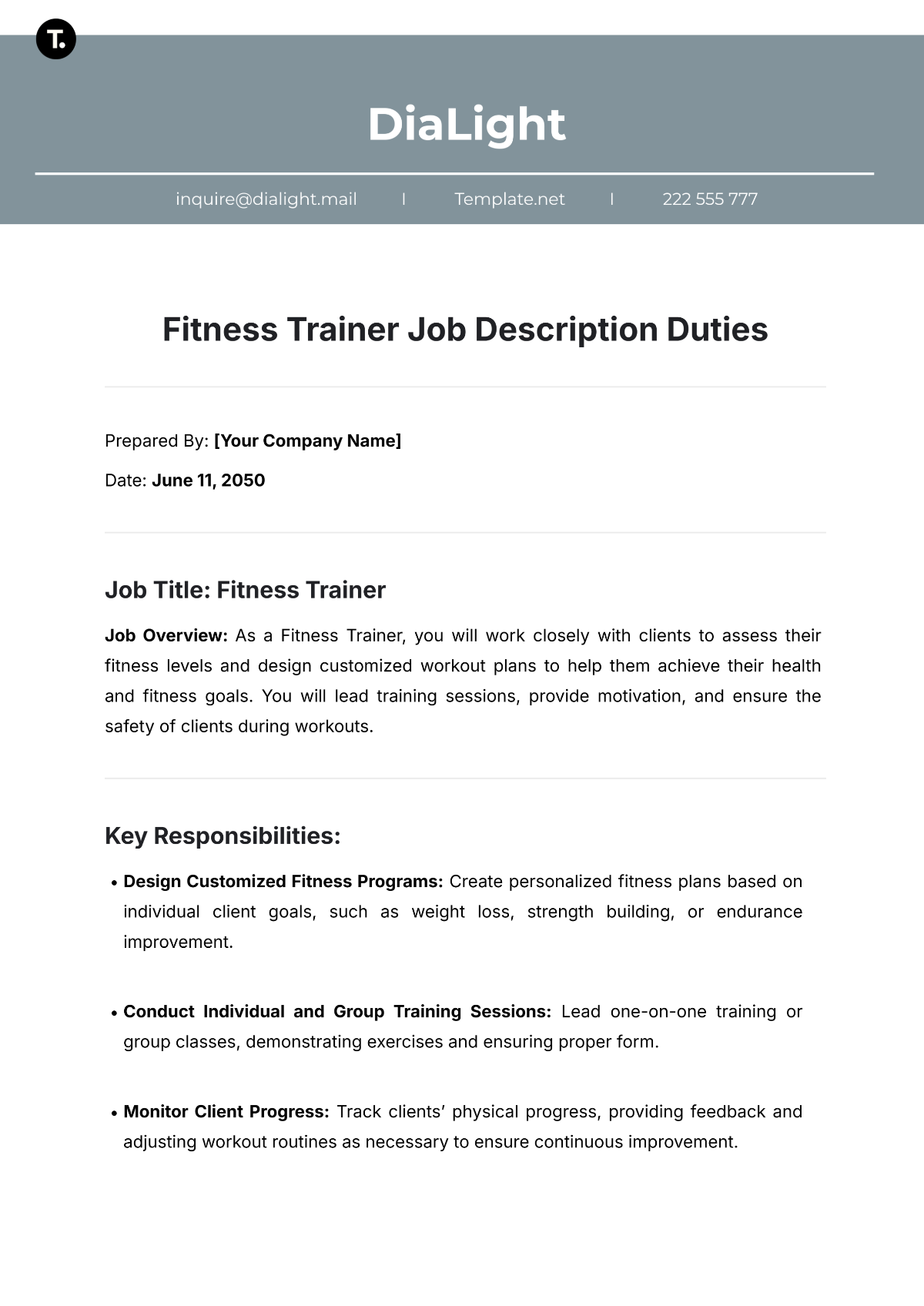 Fitness Trainer Job Description Duties Template - Edit Online & Download