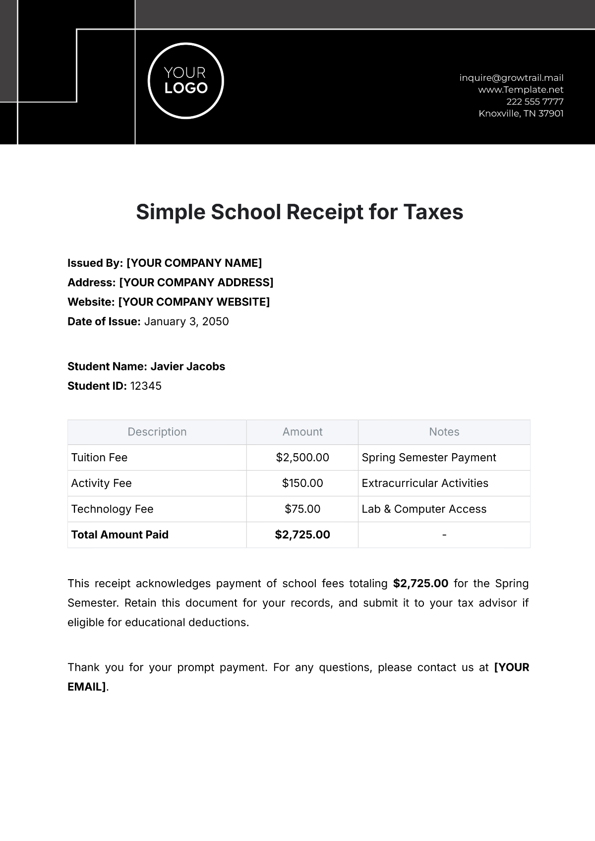 Simple School Receipt for Taxes Template - Edit Online & Download