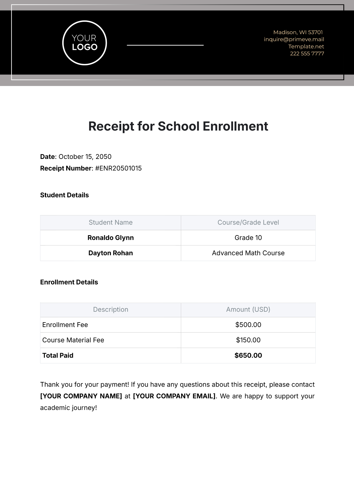 Receipt Template for School Enrollment - Edit Online & Download