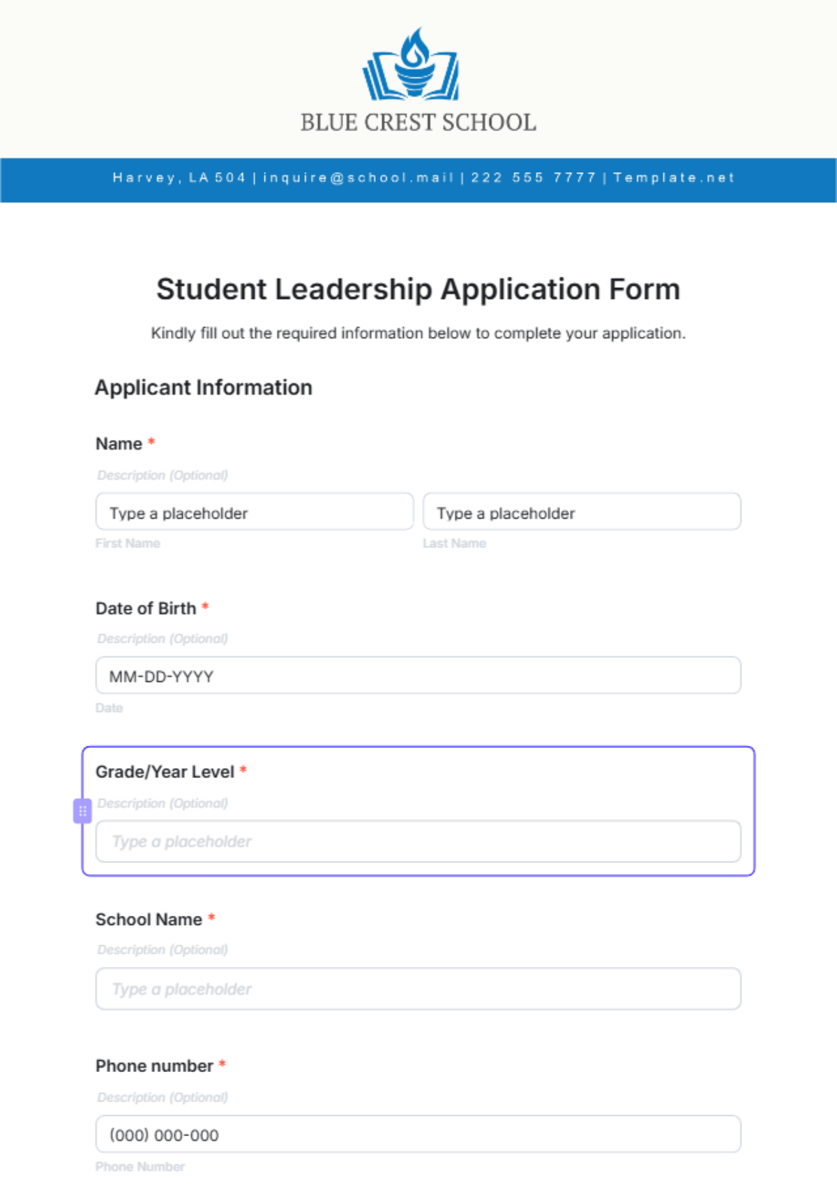 Student Leadership Application Form Template - Edit Online & Download