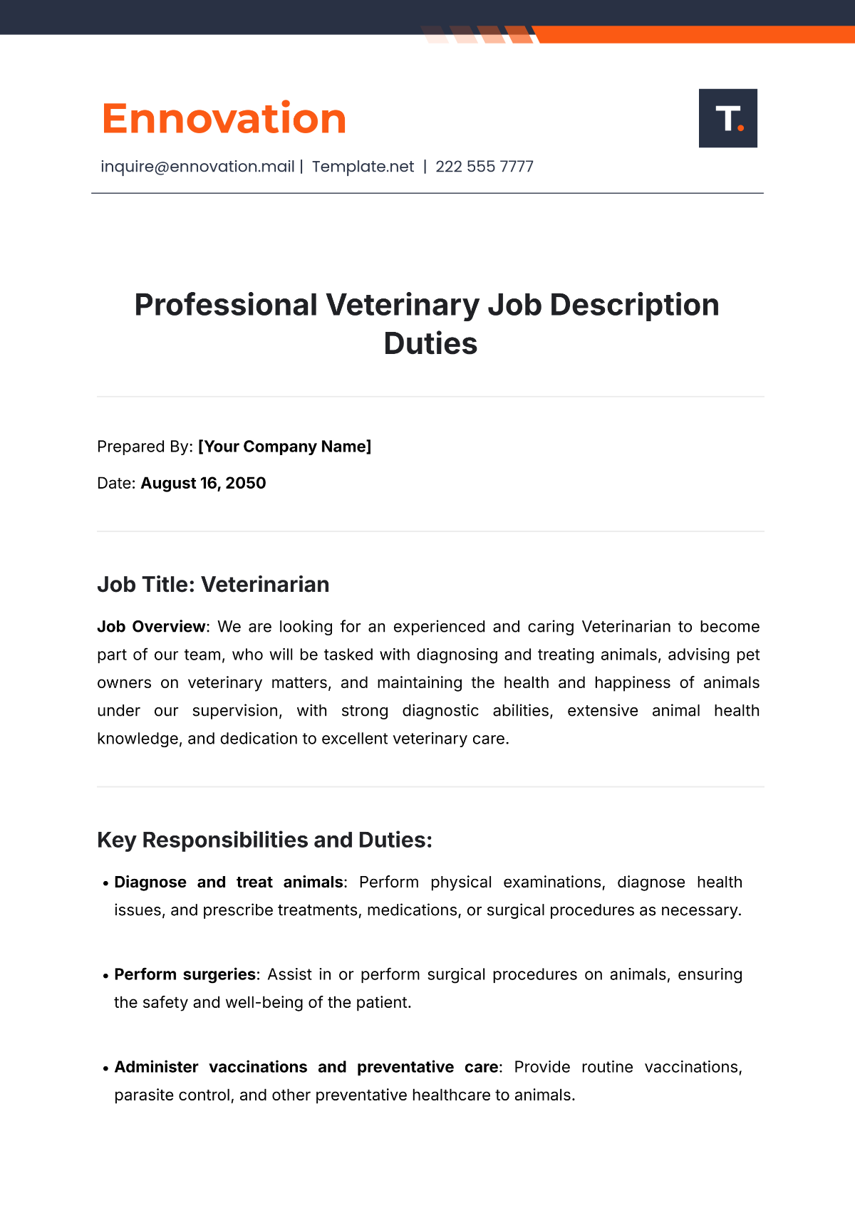 Professional Veterinary Job Description Duties Template - Edit Online & Download