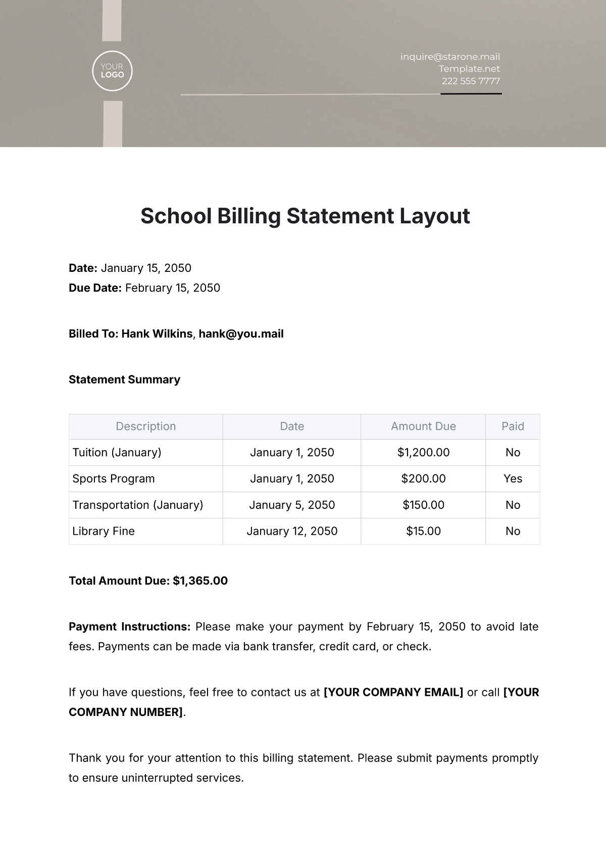 School Billing Statement Layout Template - Edit Online & Download