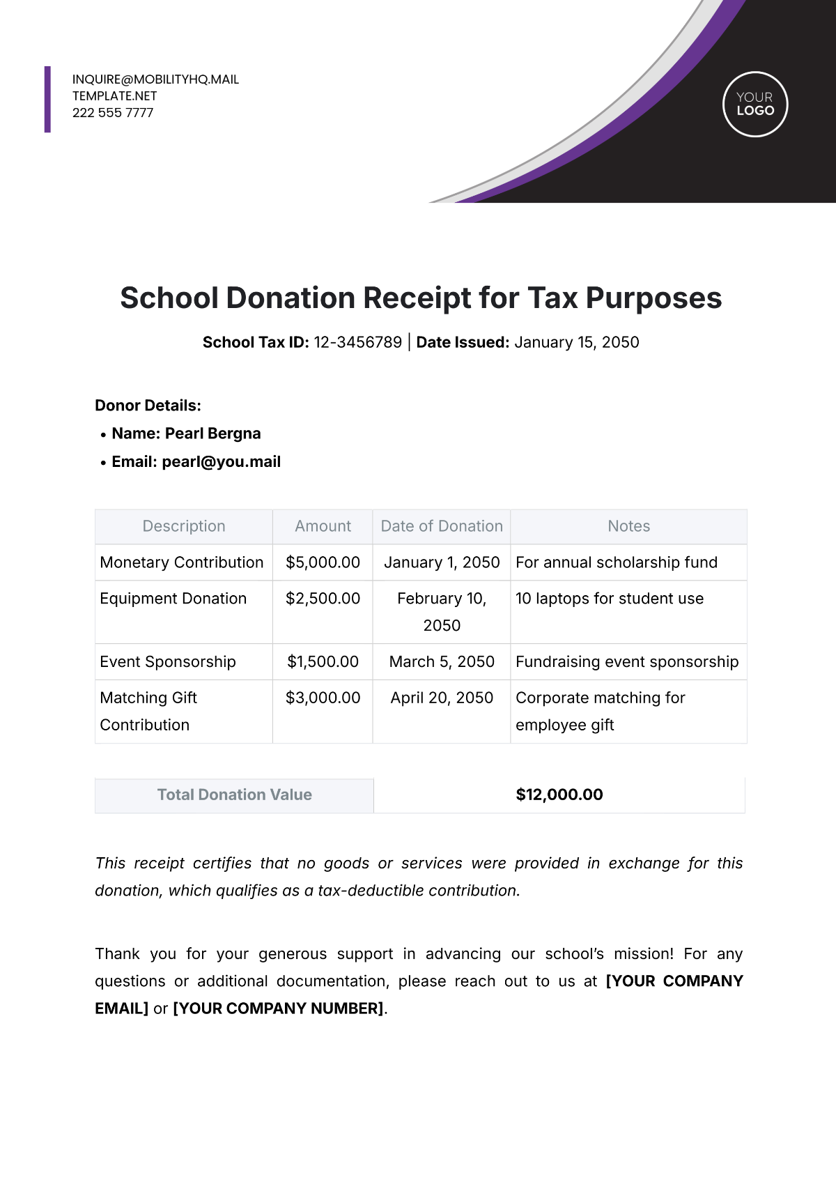 School Donation Receipt for Tax Purposes - Edit Online & Download