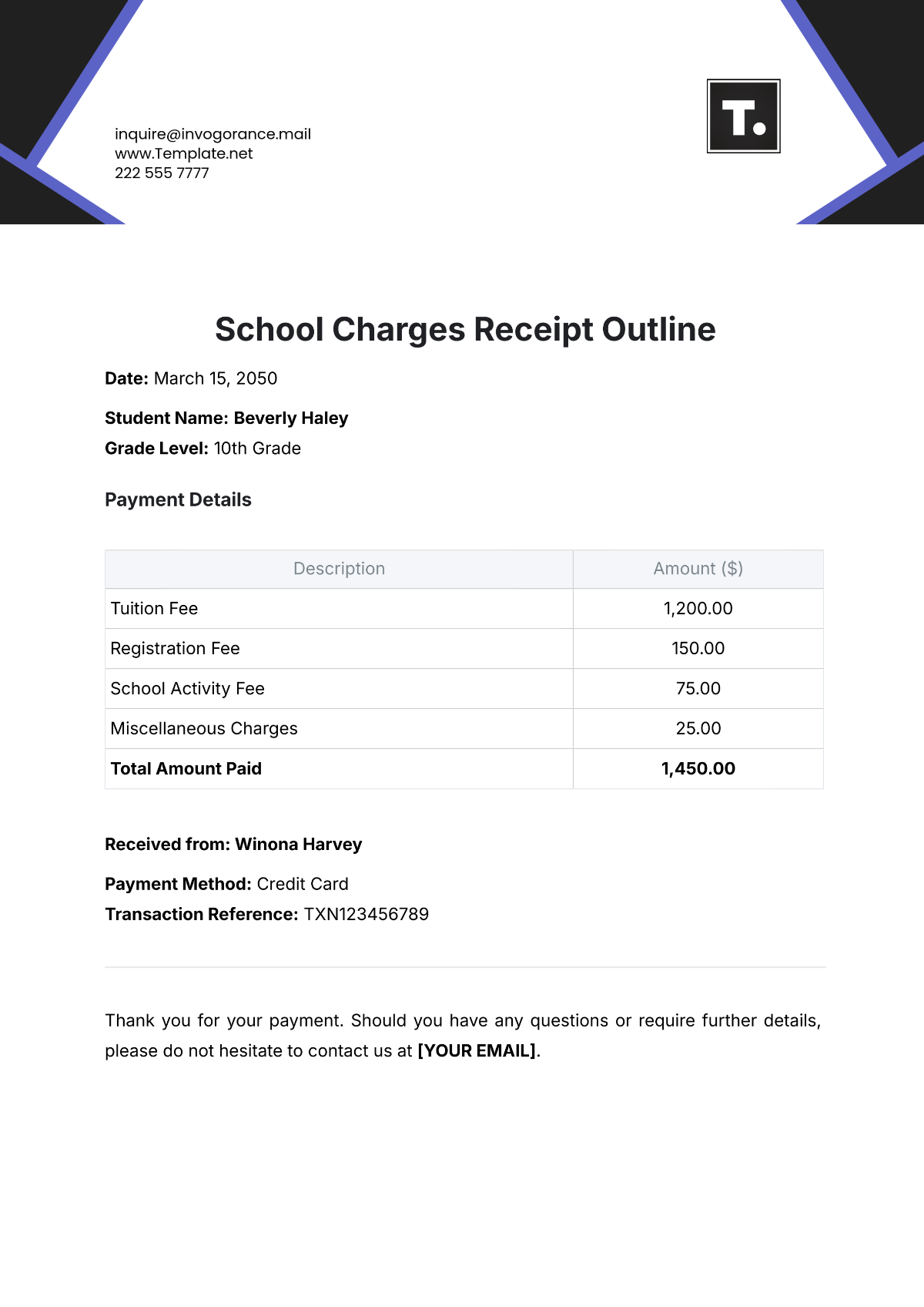 School Charges Receipt Outline Template - Edit Online & Download