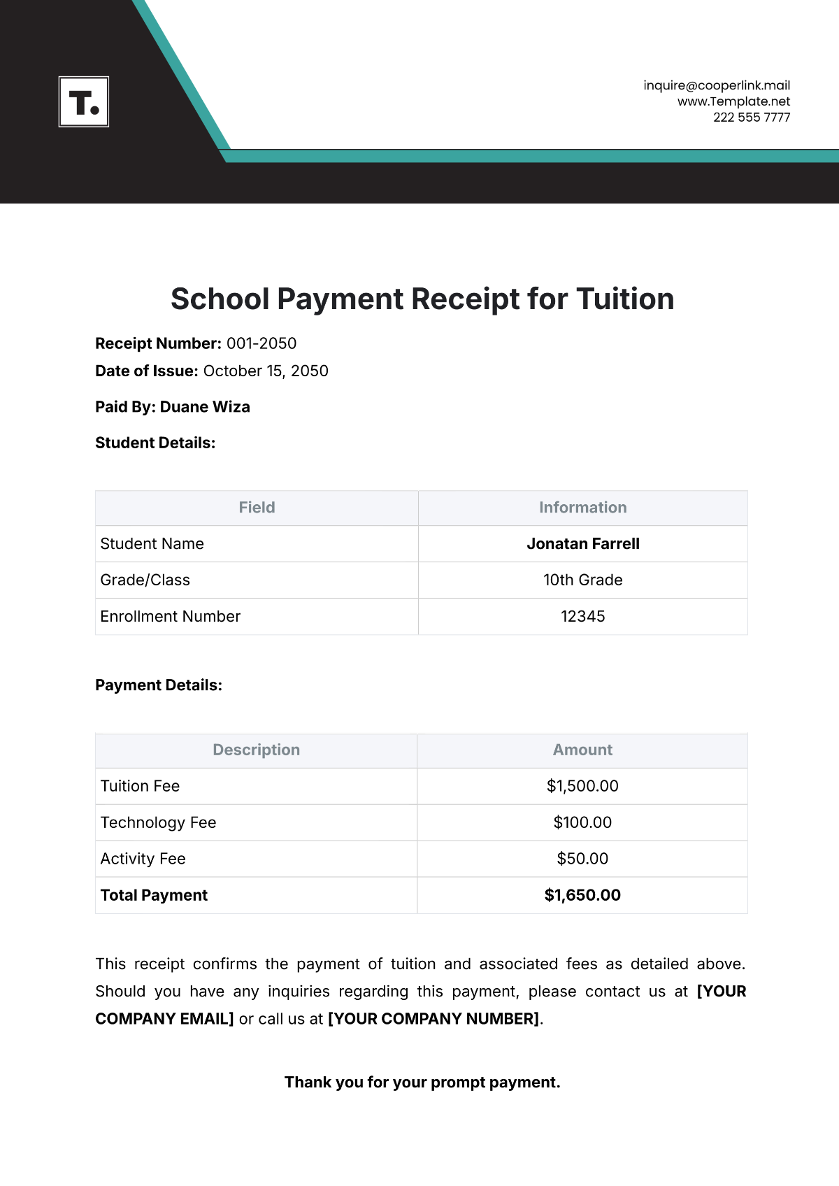 School Payment Receipt for Tuition Template - Edit Online & Download