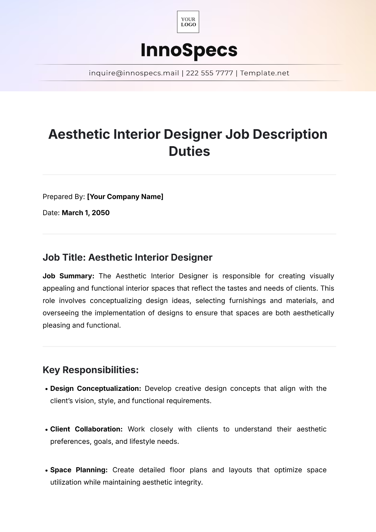 Aesthetic Interior Designer Job Description Duties Template - Edit Online & Download