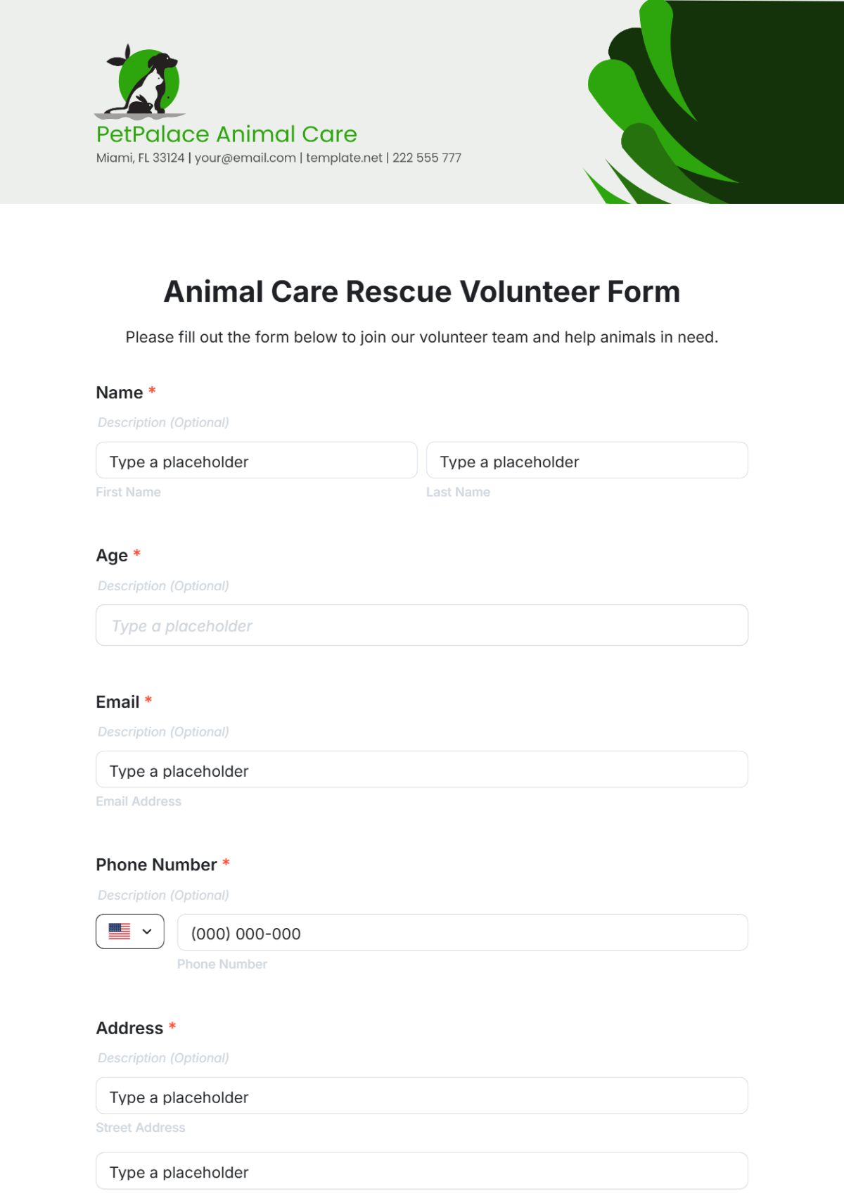 Animal Care Rescue Volunteer Form Template - Edit Online & Download