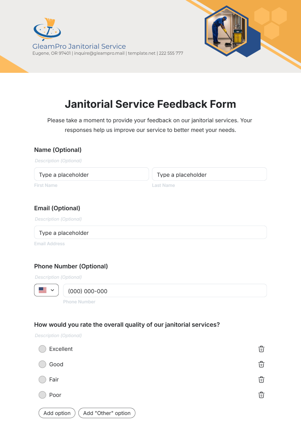 Janitorial Service Feedback Form Template - Edit Online & Download