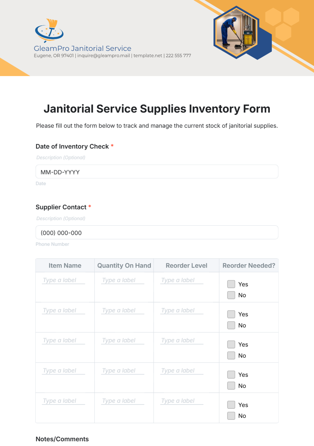 Janitorial Service Supplies Inventory Form Template - Edit Online & Download