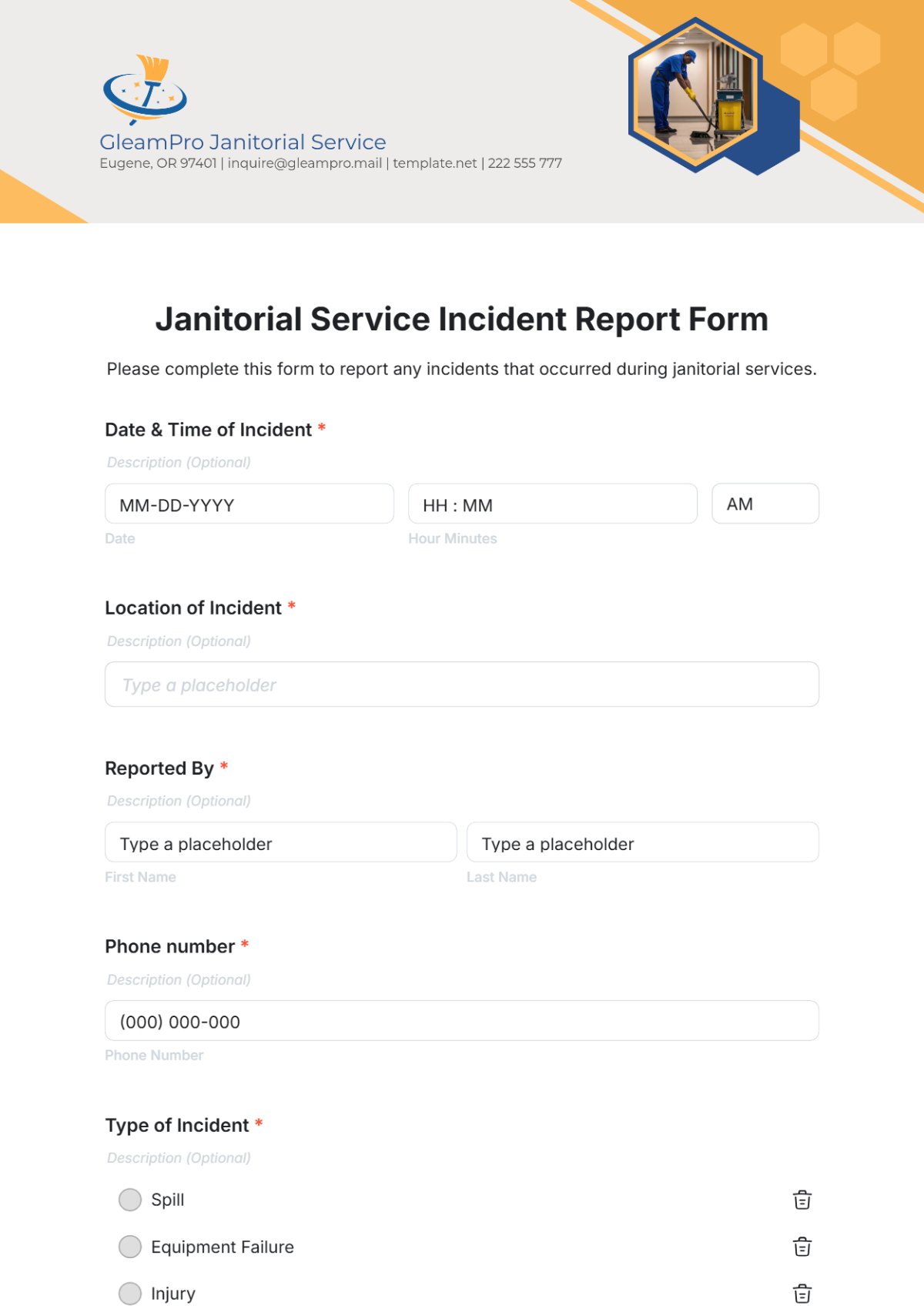 Janitorial Service Incident Report Form Template - Edit Online & Download