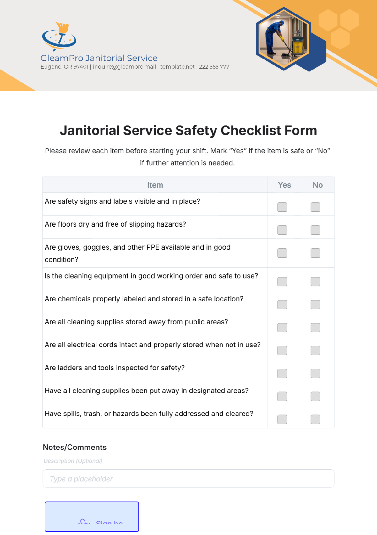 Janitorial Service Safety Checklist Form Template - Edit Online & Download