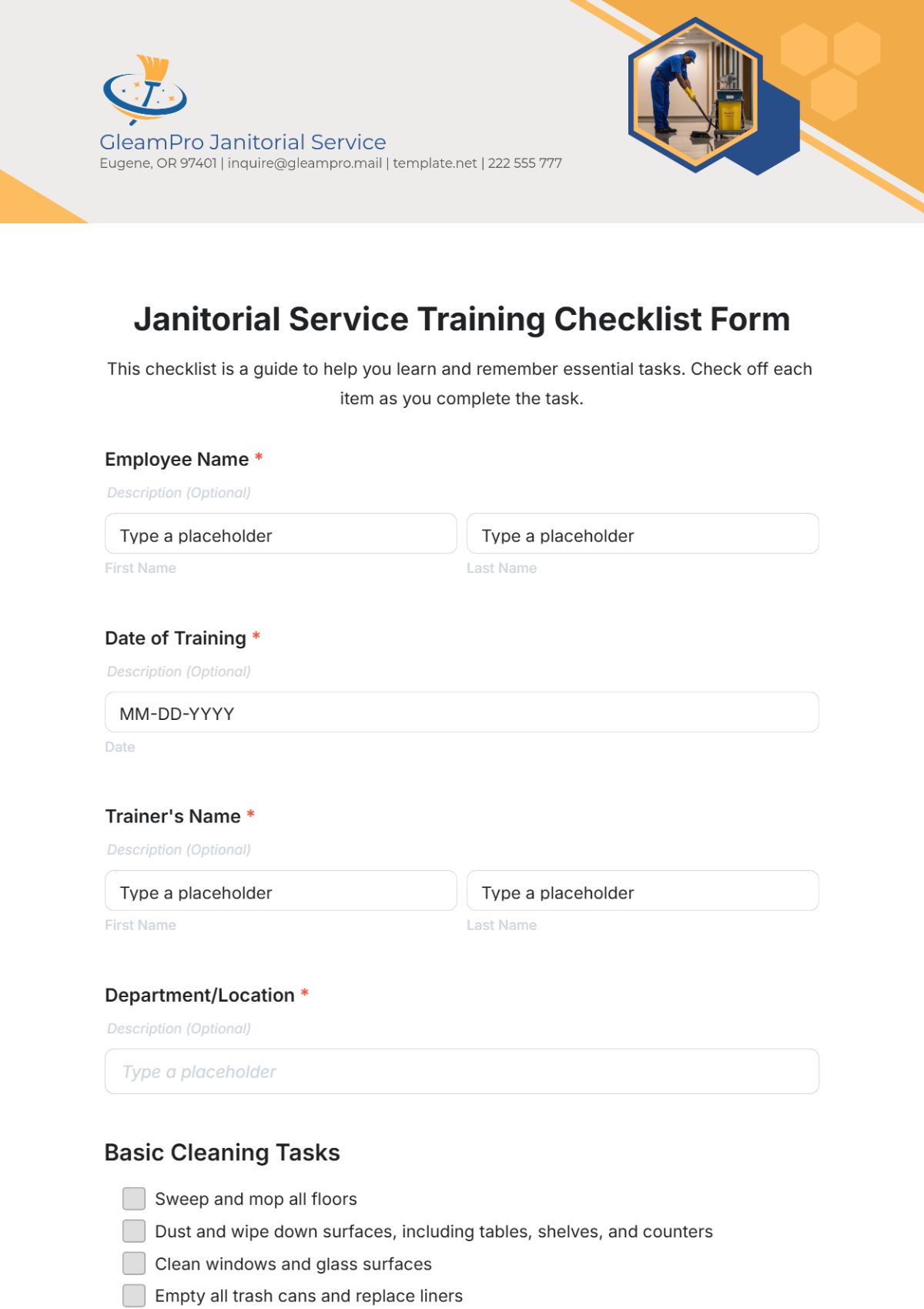 Janitorial Service Training Checklist Form Template - Edit Online & Download