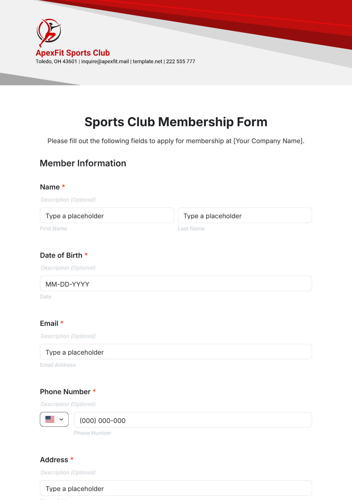 Sports Club Membership Form Template - Edit Online & Download