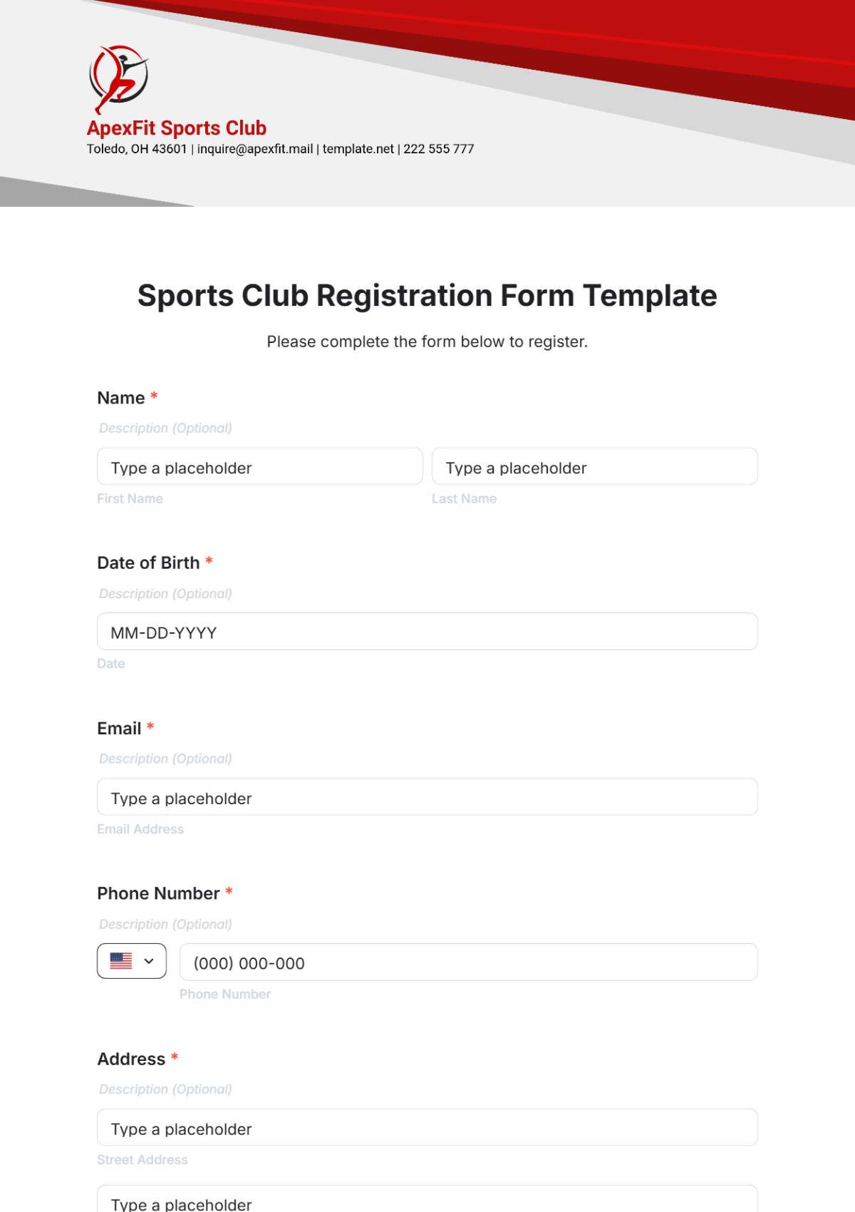 Sports Club Registration Form Template - Edit Online & Download