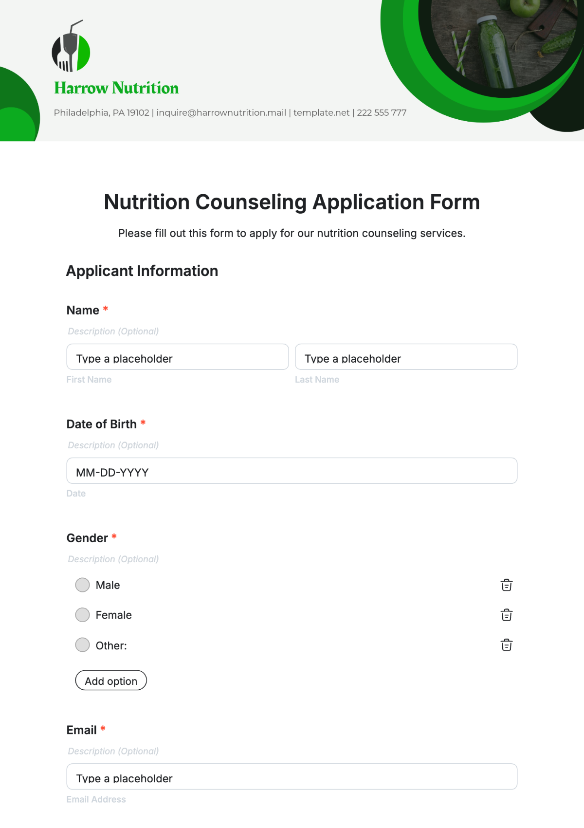 Nutrition Counseling Application Form Template - Edit Online & Download