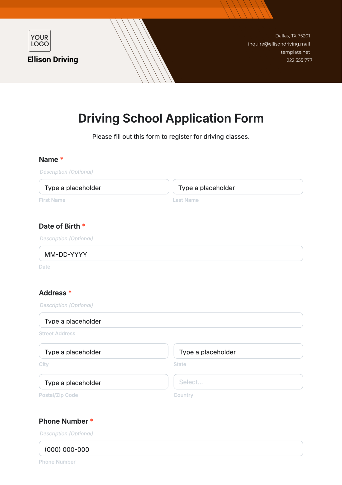 Driving School Application Form Template - Edit Online & Download