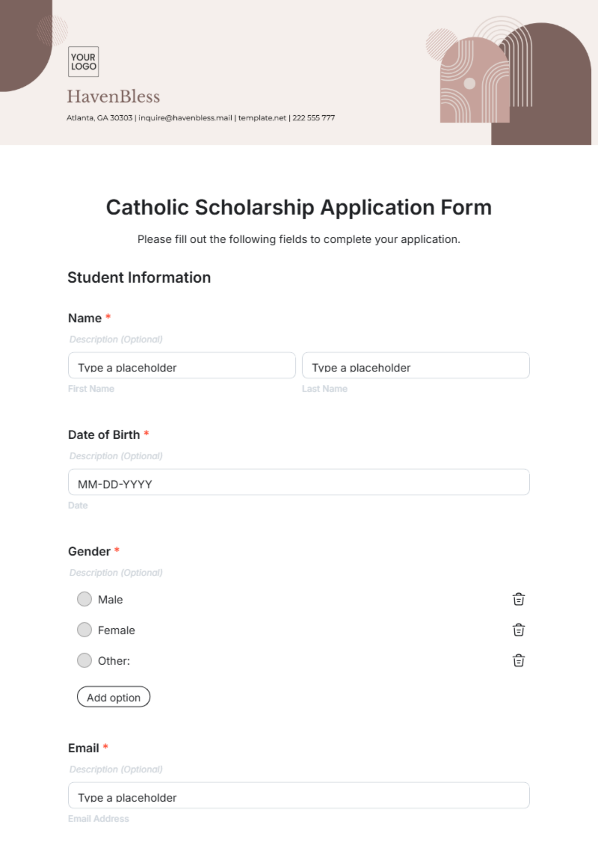 Catholic Scholarship Application Form Template - Edit Online & Download