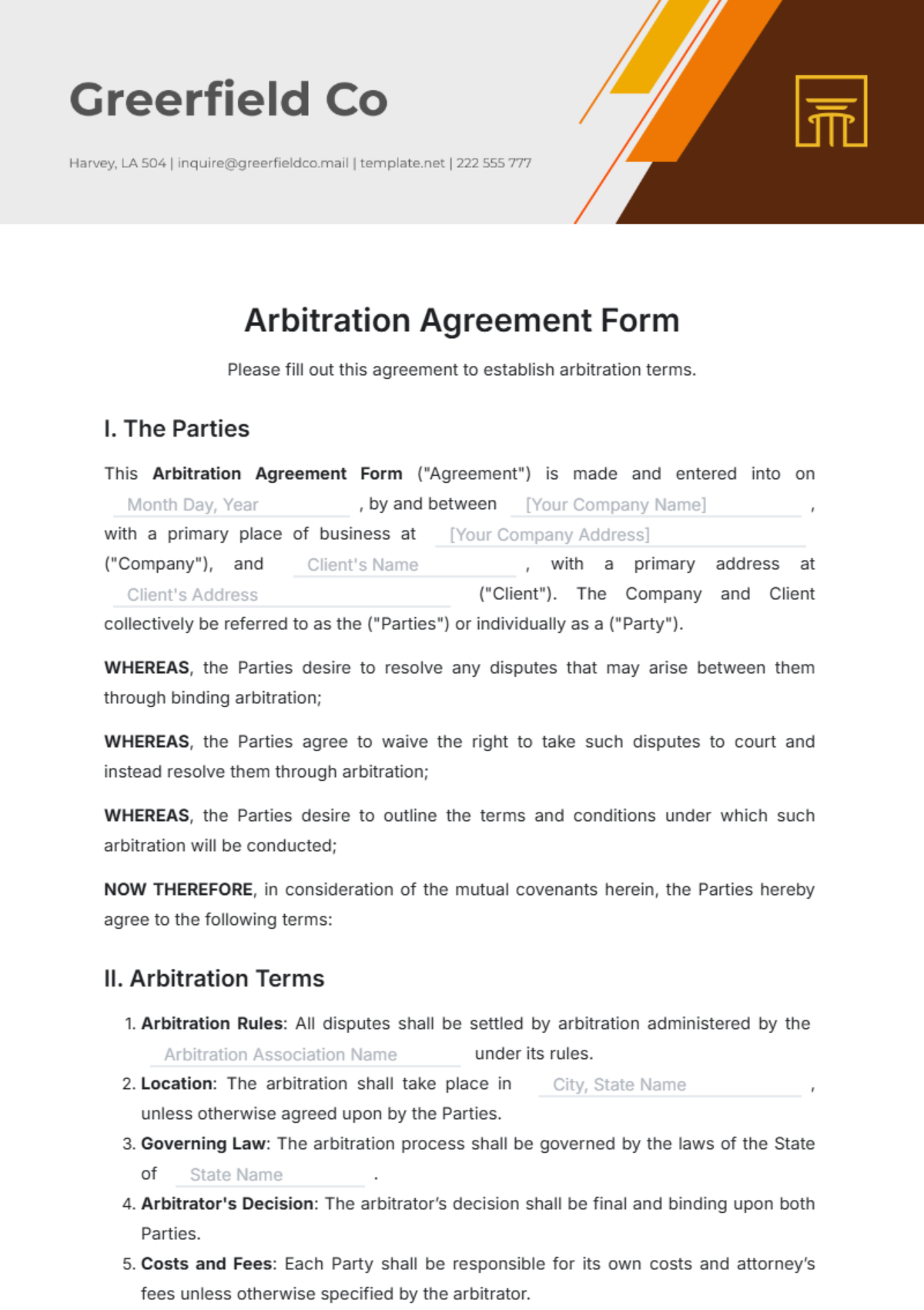 Arbitration Agreement Form Template - Edit Online & Download