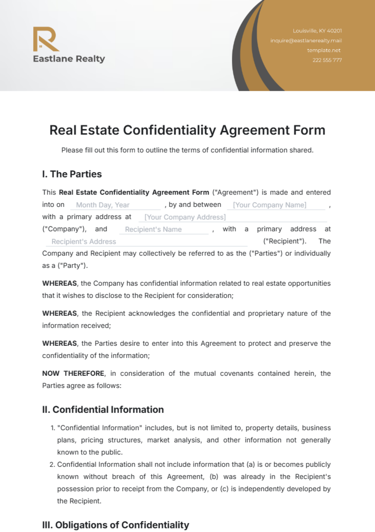 Real Estate Confidentiality Agreement Form Template - Edit Online & Download