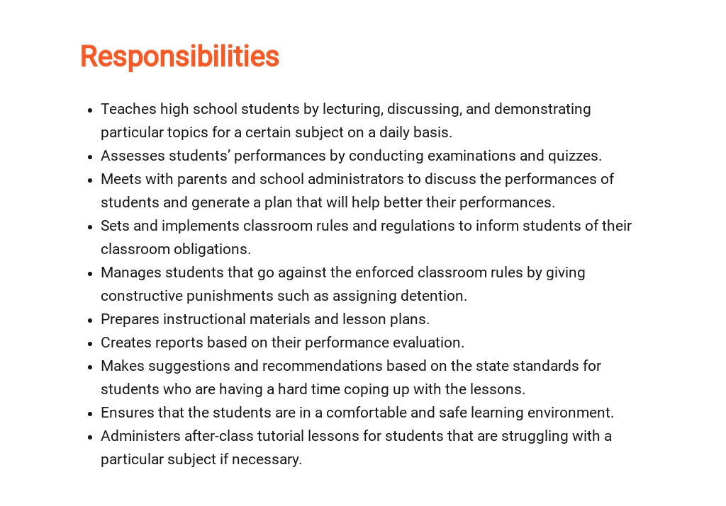 Secondary School Teacher Job Description Template Free PDF Google Docs Word Template