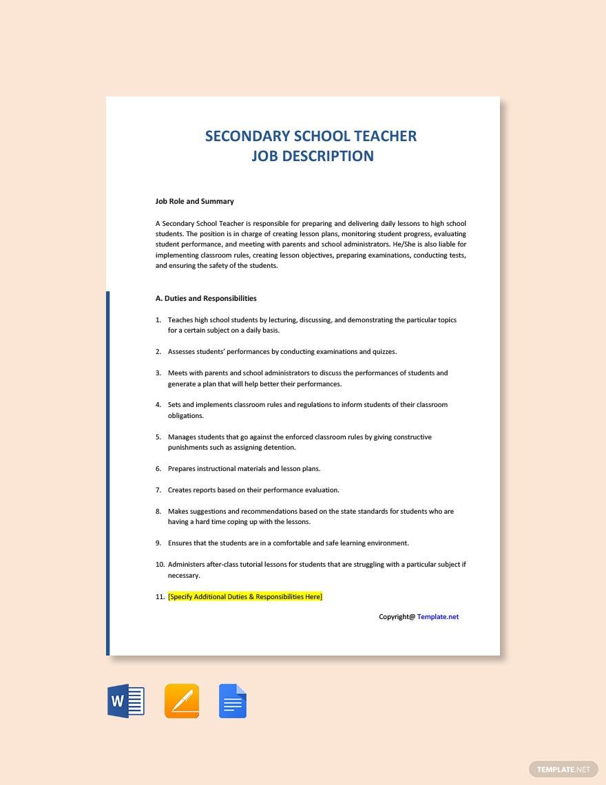 Secondary School Teacher Job Description Download In Word Google 