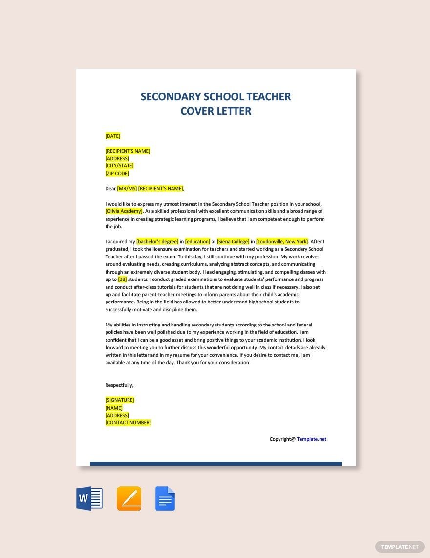 Free Secondary School Teacher Cover Letter Template