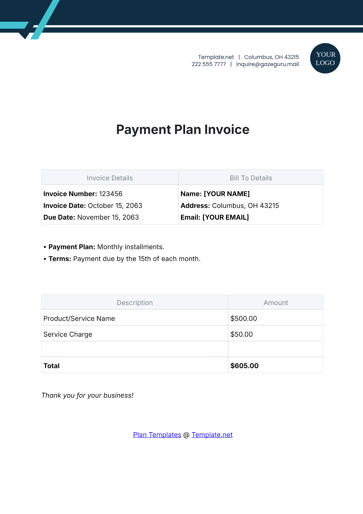 Free Payment Plan Invoice Template to Edit Online