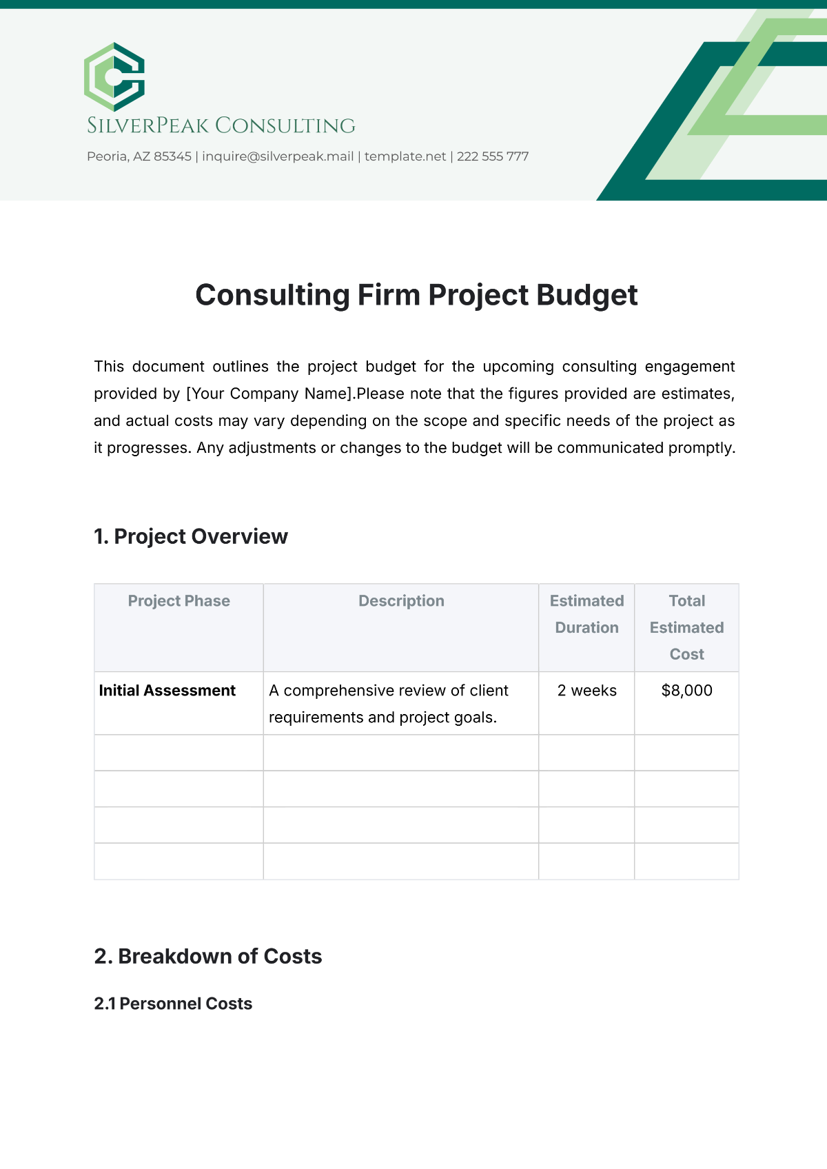 Consulting Firm Project Budget Template - Edit Online & Download