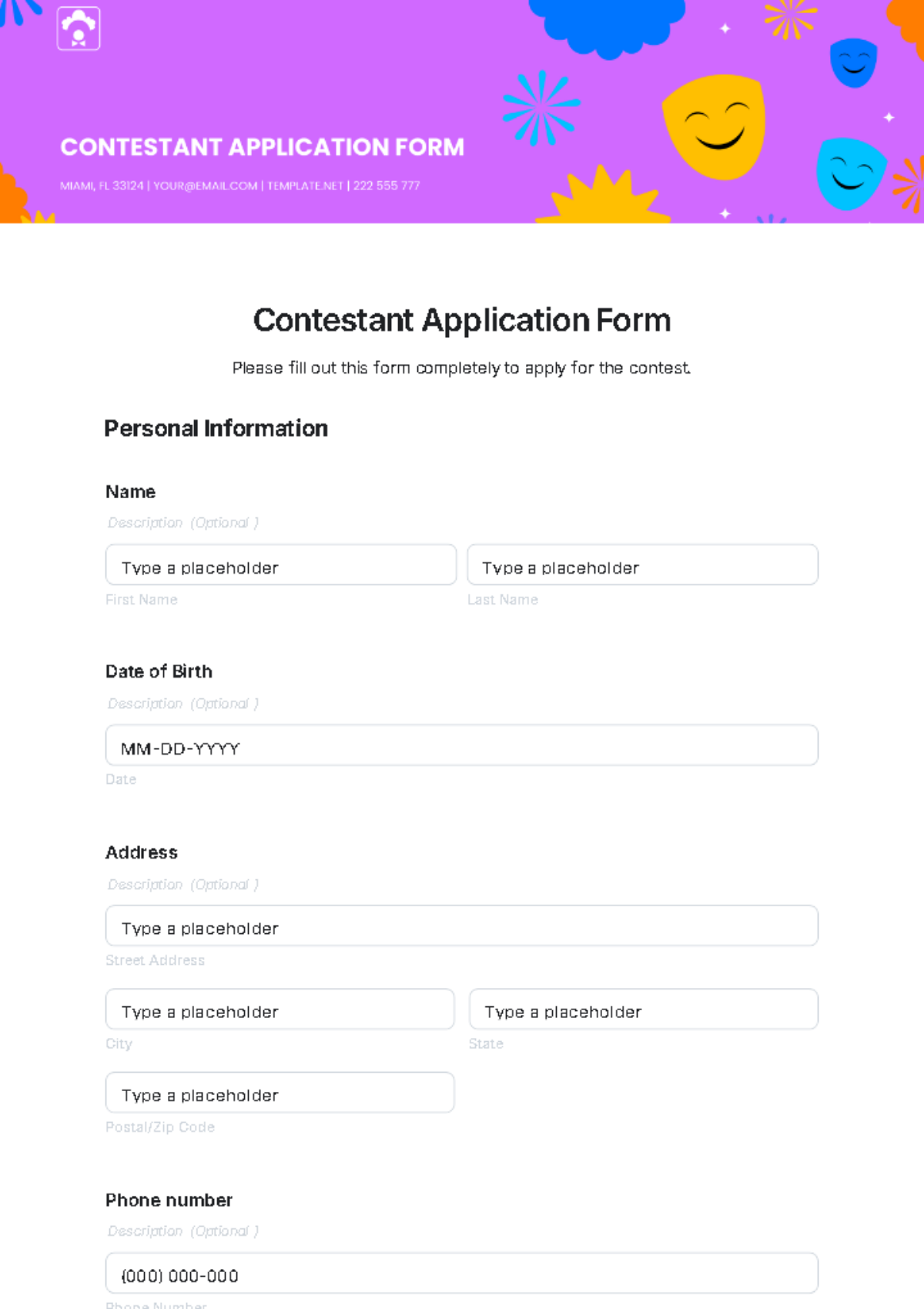 Contestant Application Form Template - Edit Online & Download