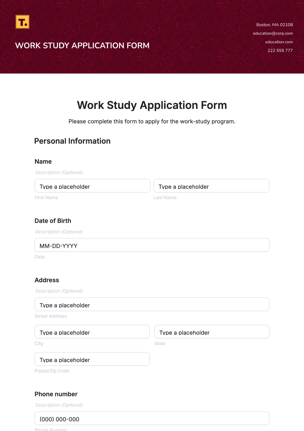 Work Study Application Form Template - Edit Online & Download