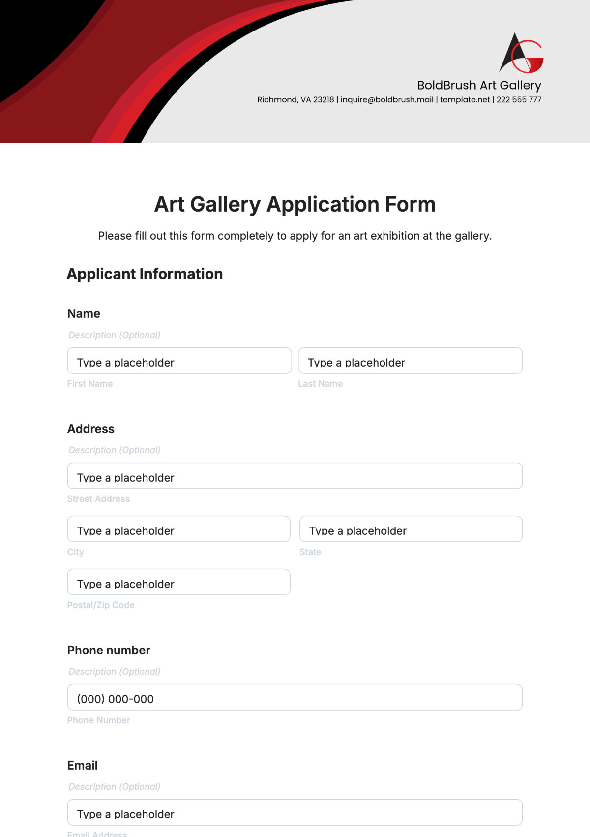 Art Gallery Application Form Template - Edit Online & Download