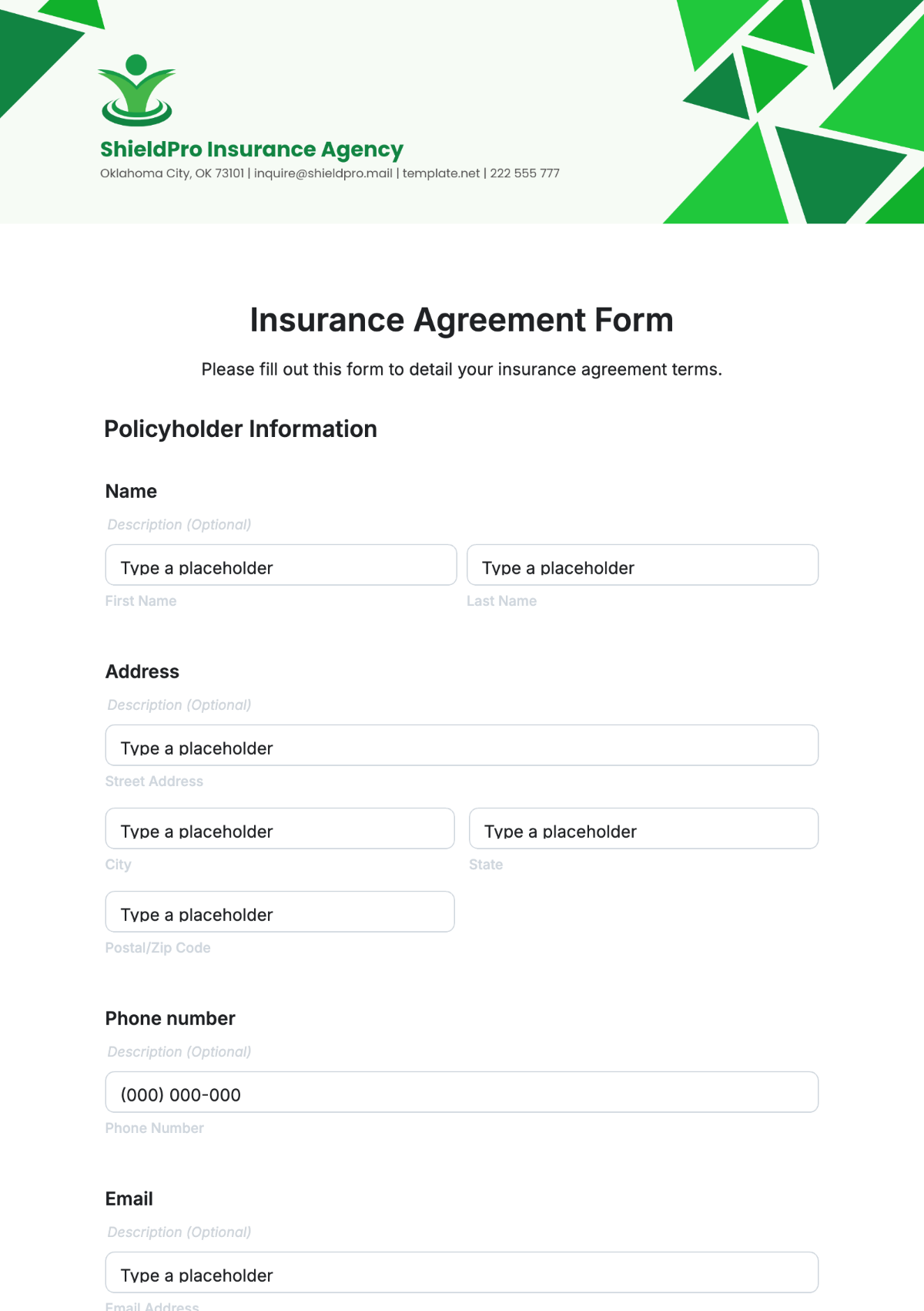 Insurance Agreement Form Template - Edit Online & Download