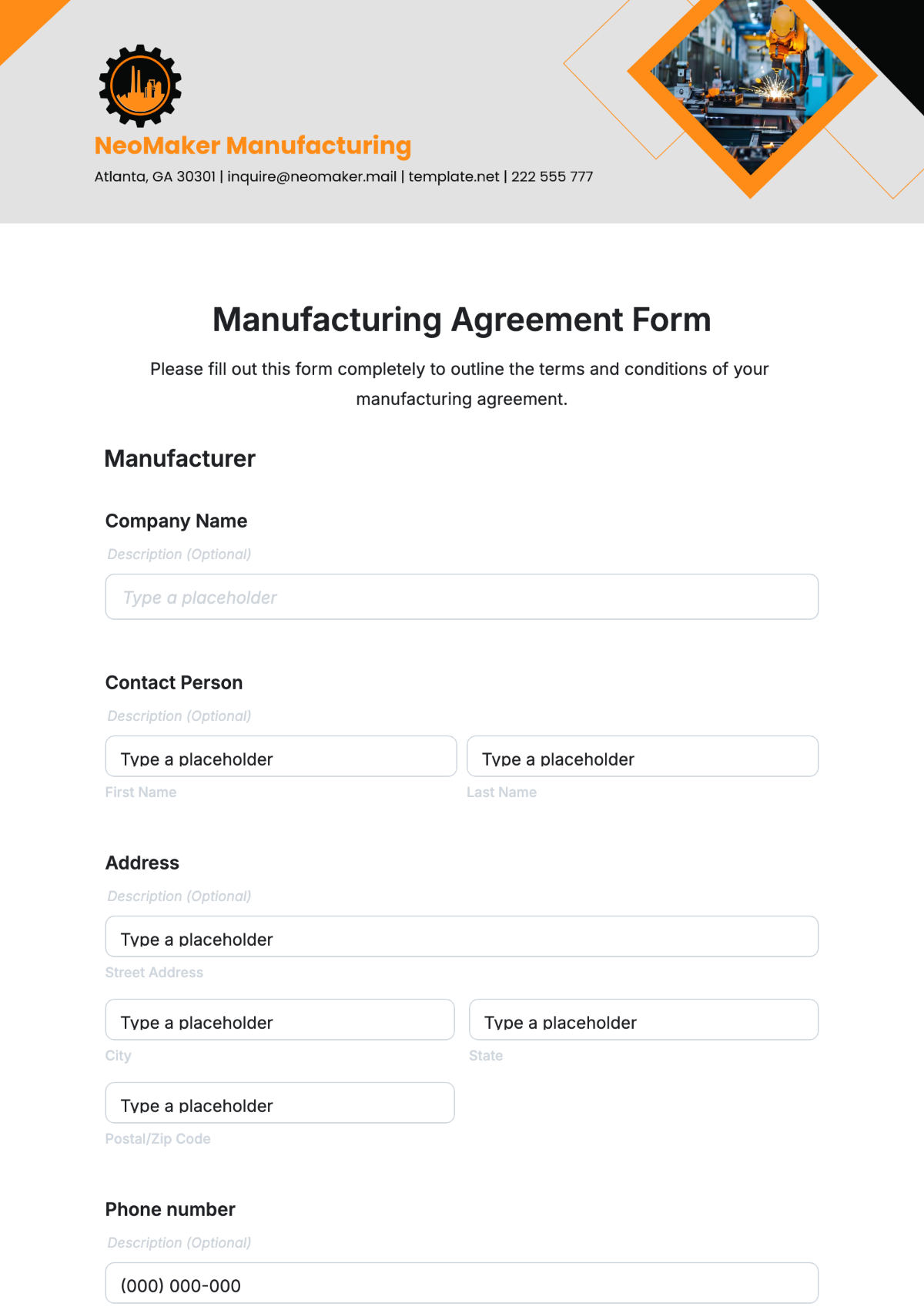 Manufacturing Agreement Form Template - Edit Online & Download