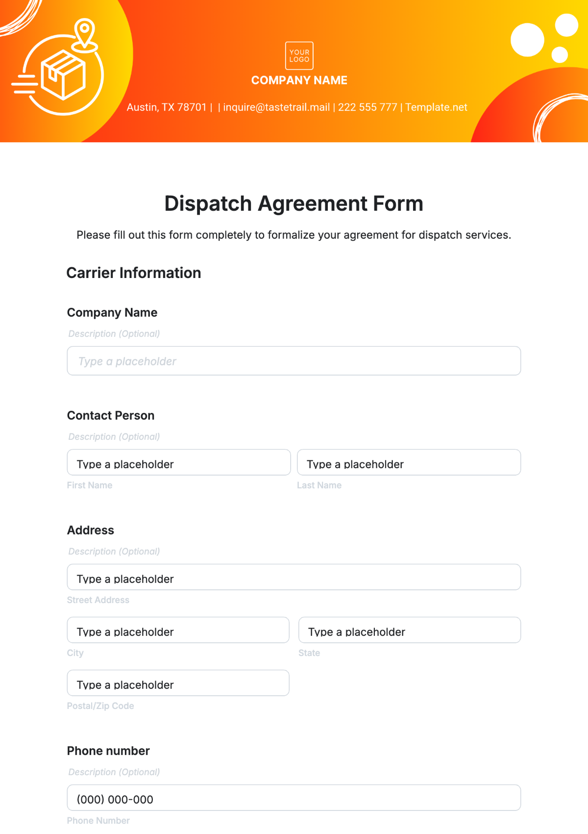 Dispatch Agreement Form Template - Edit Online & Download