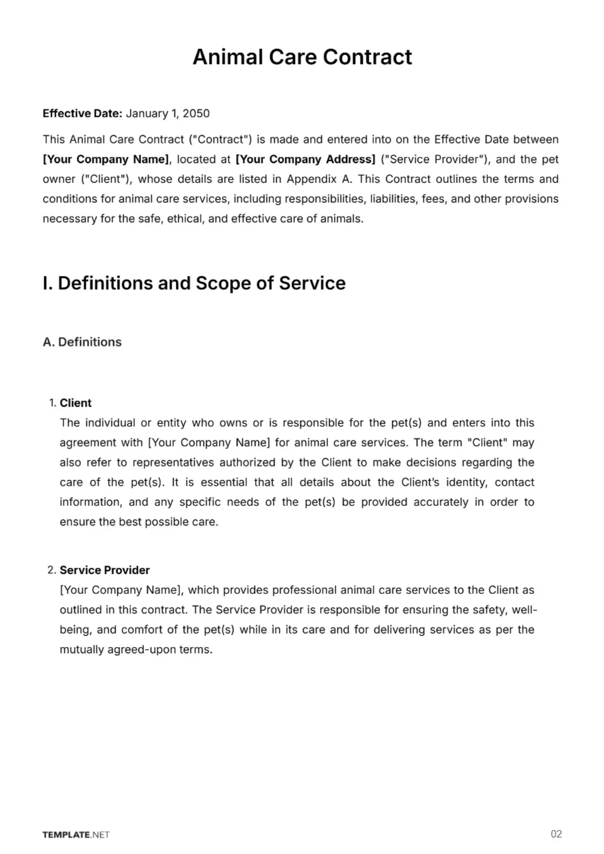 Free Animal Care Contract Template to Edit Online