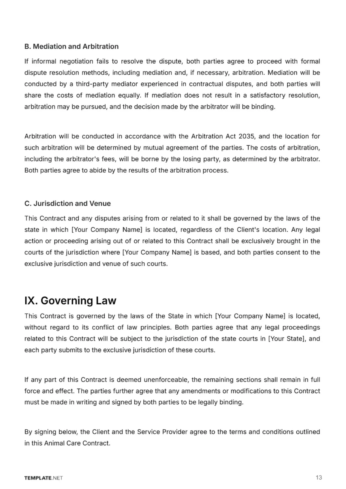 Free Animal Care Contract Template to Edit Online