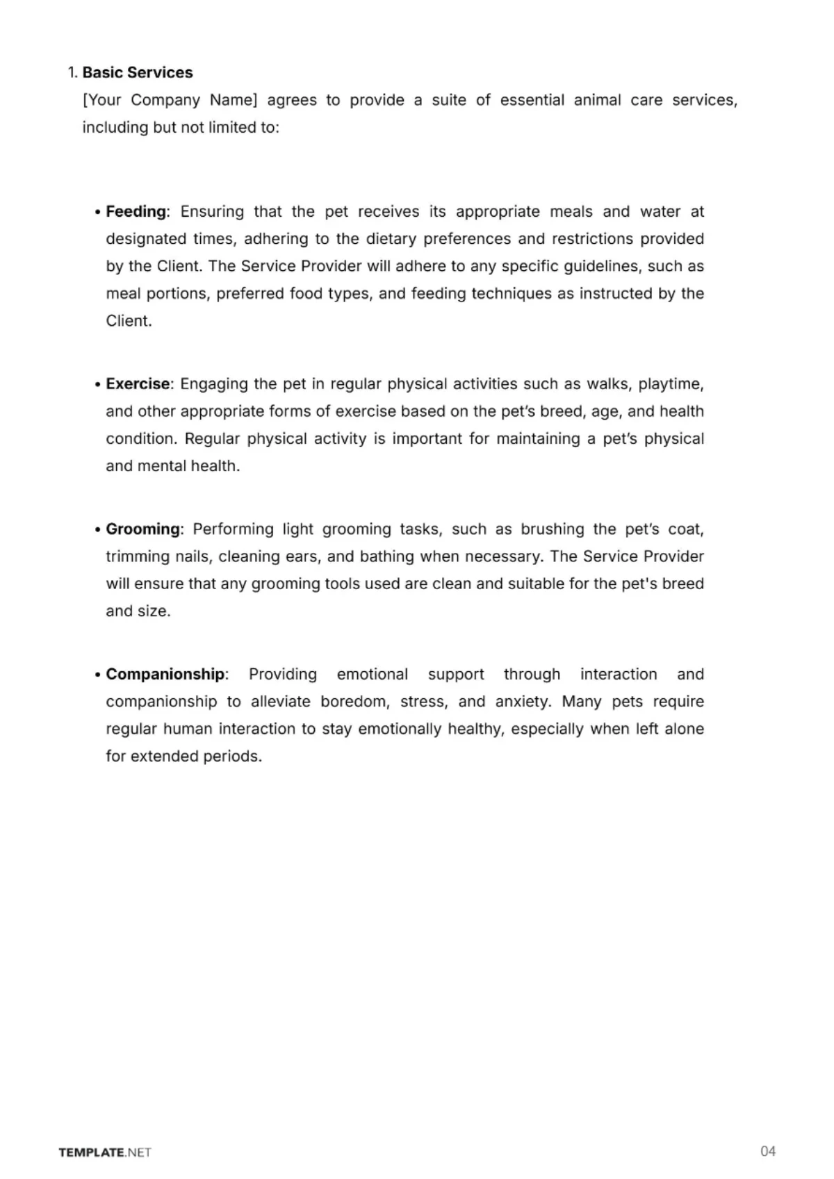 Free Animal Care Contract Template to Edit Online