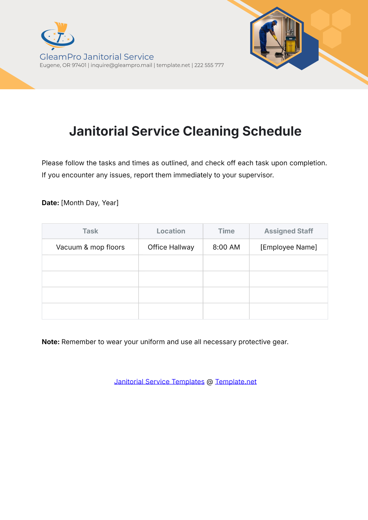 Janitorial Service Cleaning Schedule Template - Edit Online & Download