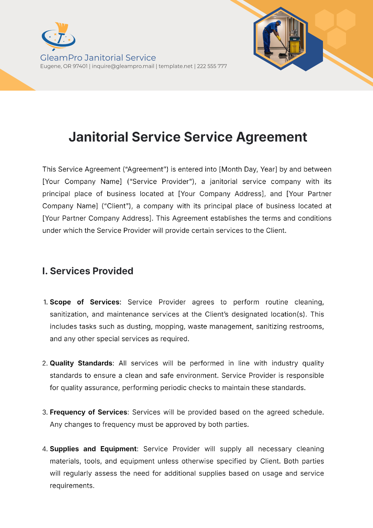 Janitorial Service Service Agreement Template - Edit Online & Download