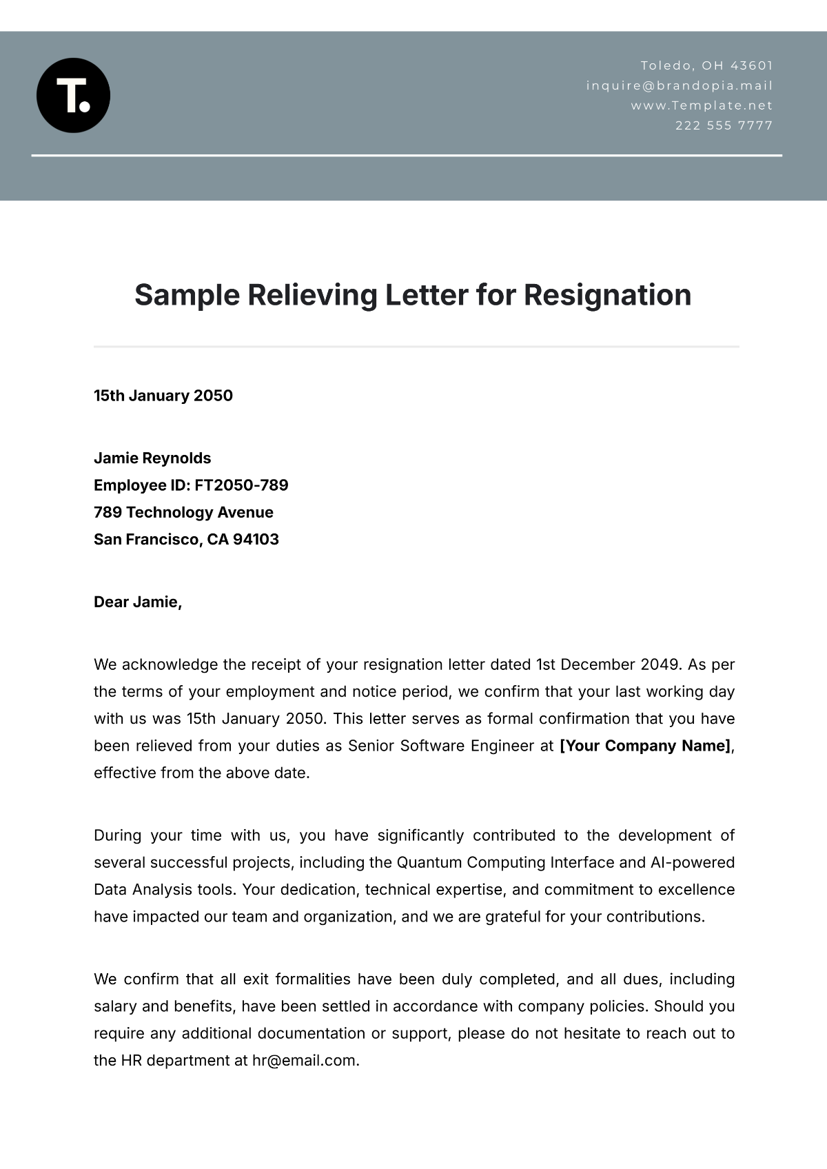 Sample Relieving Letter for Resignation Template - Edit Online & Download