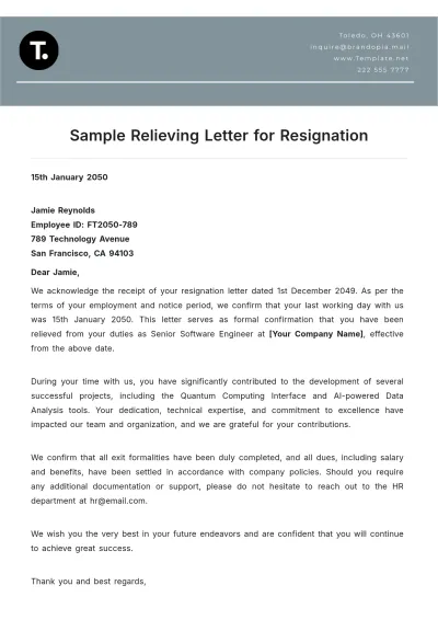 Free Sample Relieving Letter for Resignation Template to Edit Online