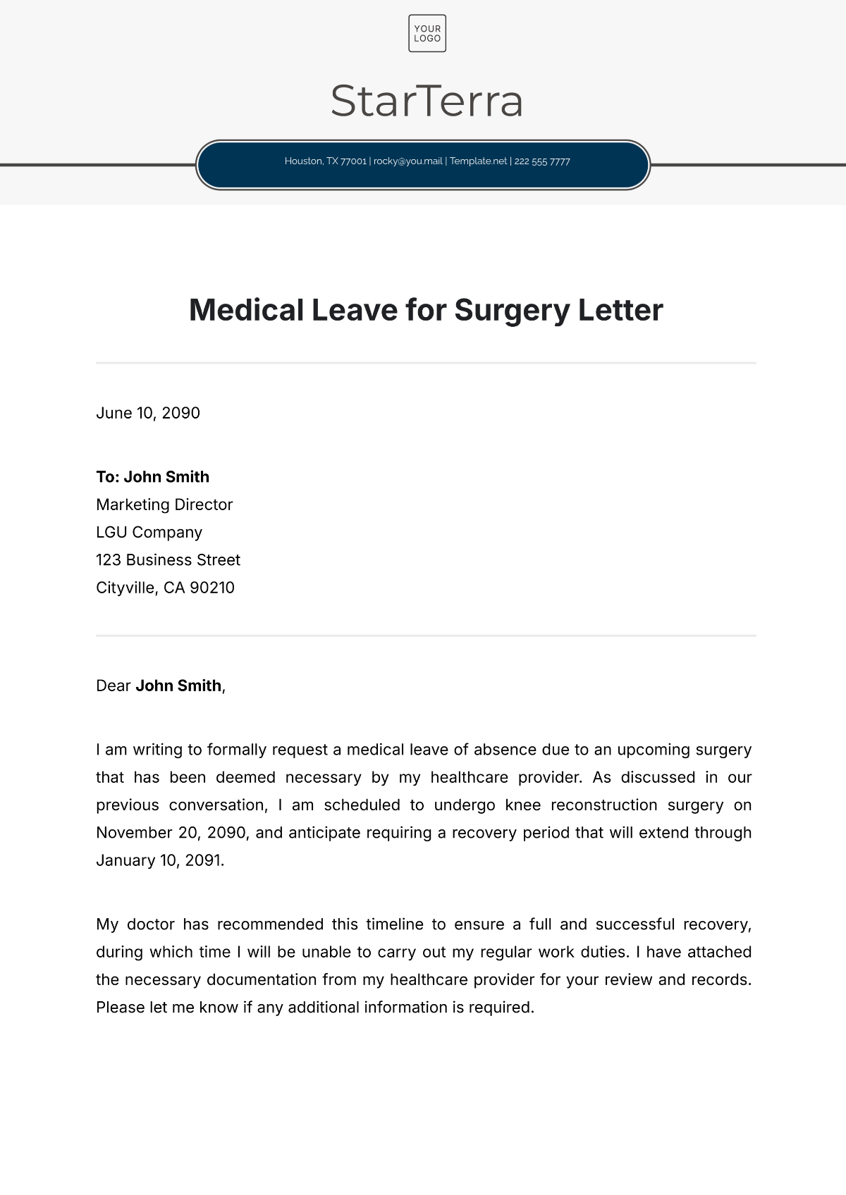 Medical Leave for Surgery Letter Template - Edit Online & Download