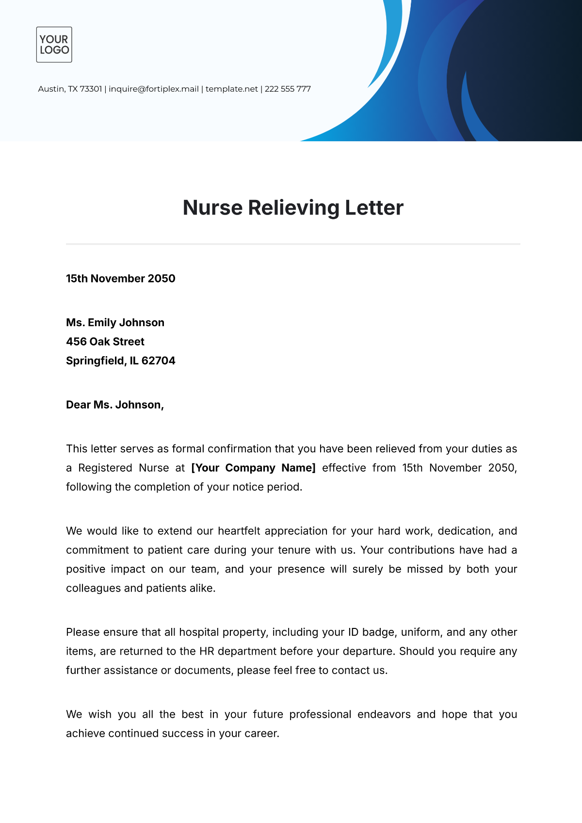 Nurse Relieving Letter Template - Edit Online & Download