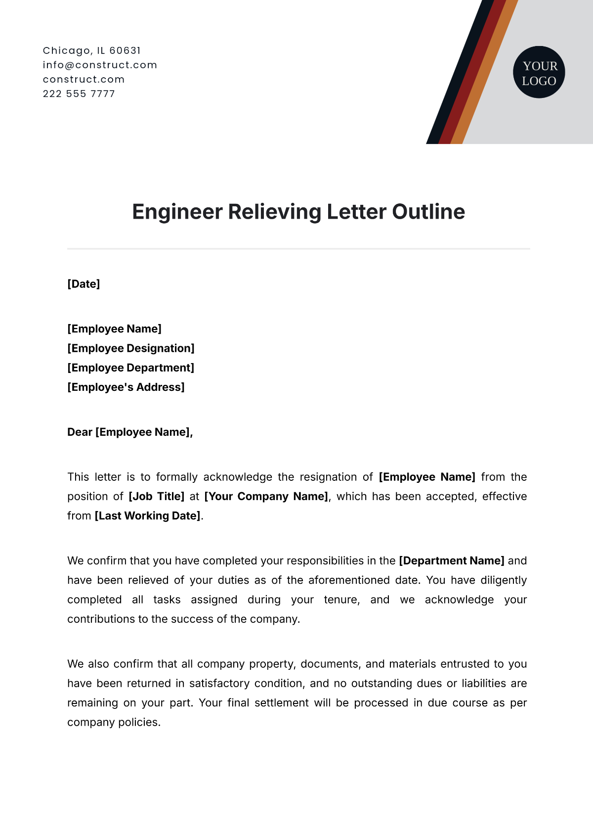 Engineer Relieving Letter Outline Template - Edit Online & Download