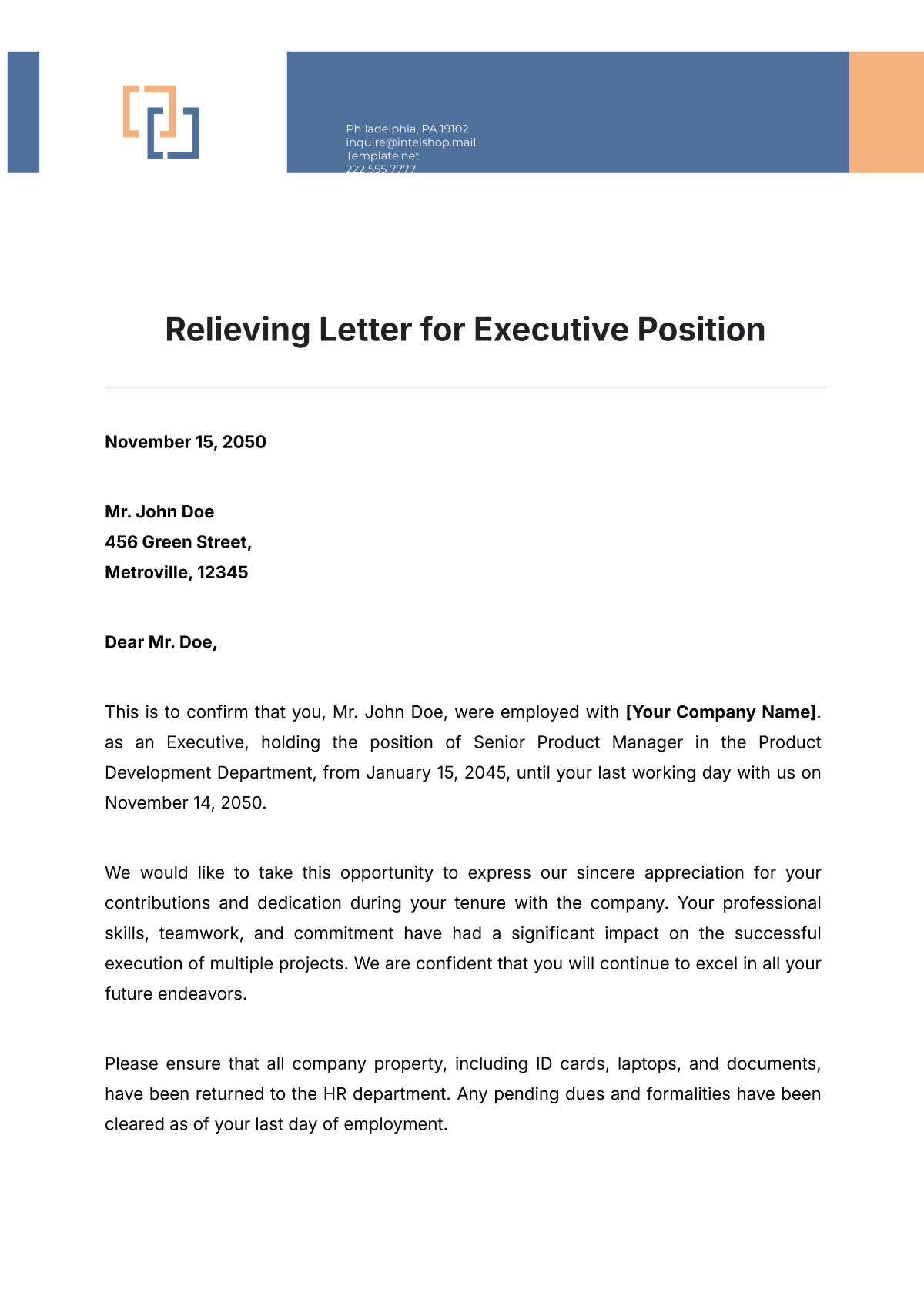 Relieving Letter for Executive Position Template - Edit Online & Download