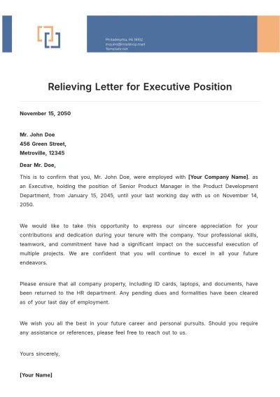 Free Relieving Letter for Executive Position Template to Edit Online